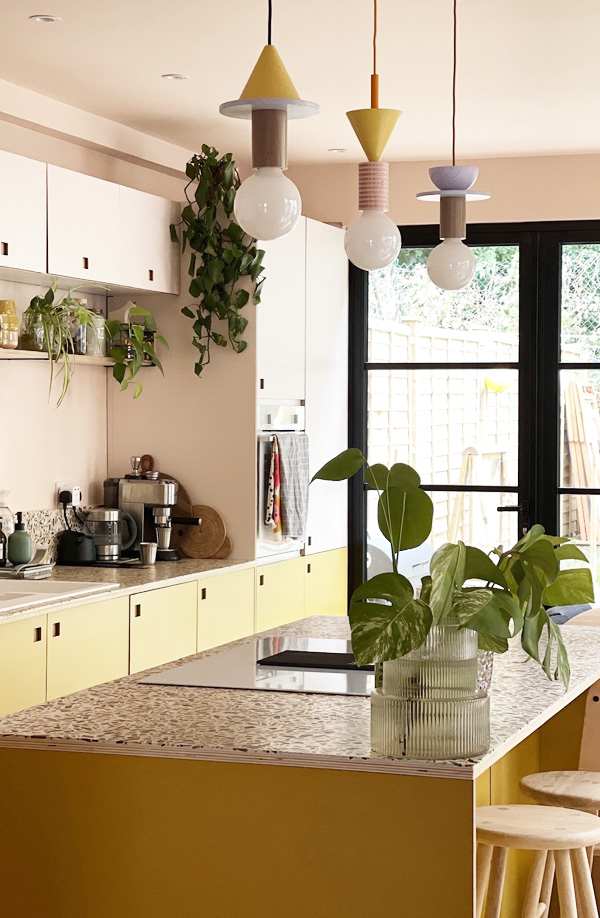 focusing on plants in a yellow and pink plywood kitchen 